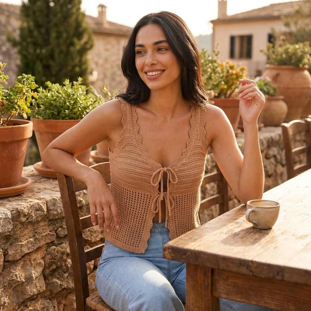 Woman smiling outdoors, sitting by a table with potted plants.