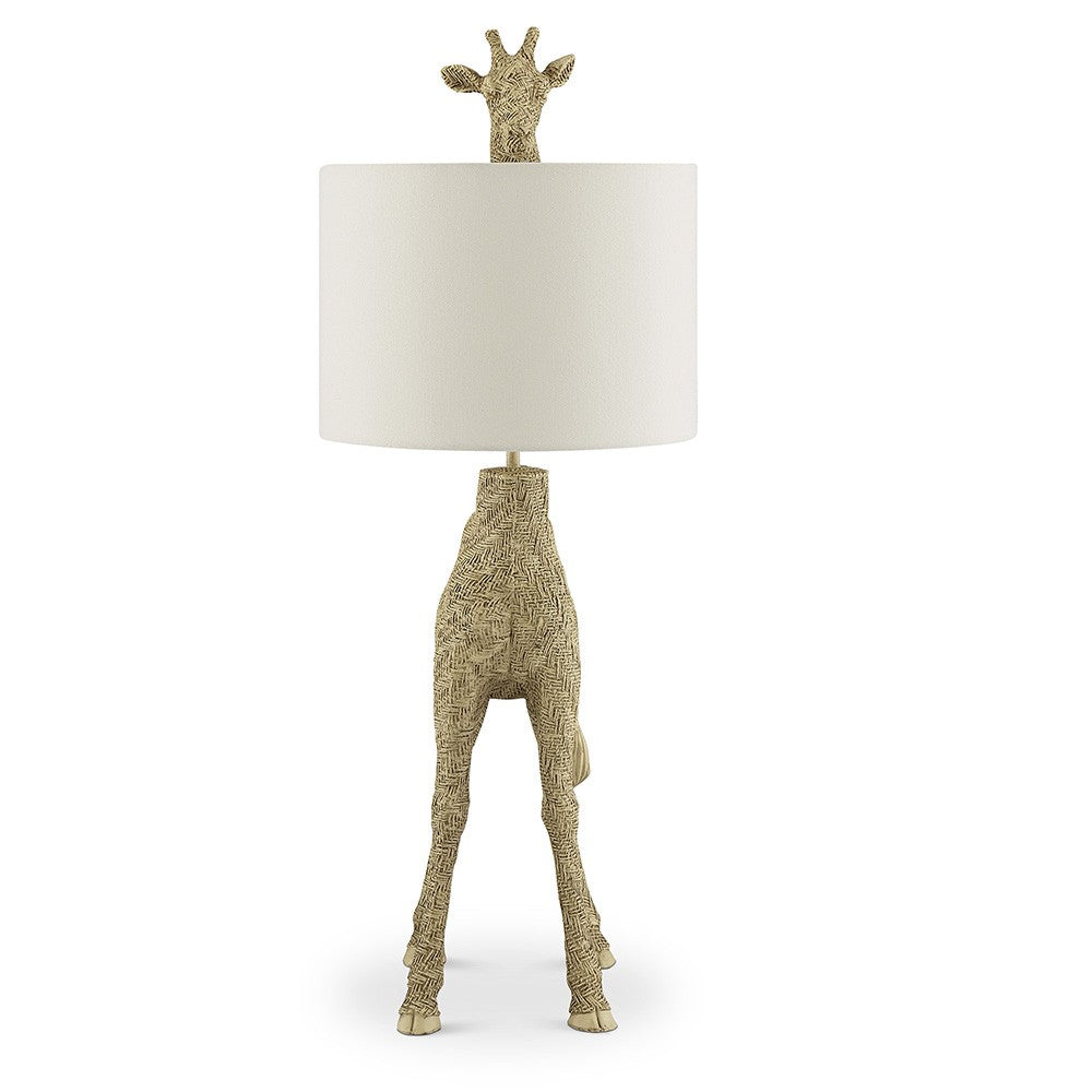 A giraffe-shaped lamp with the head peeking over the shade.