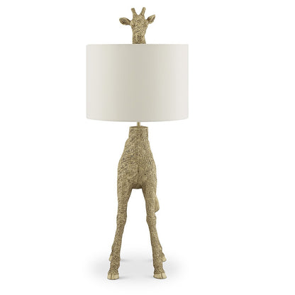 A giraffe-shaped lamp with the head peeking over the shade.