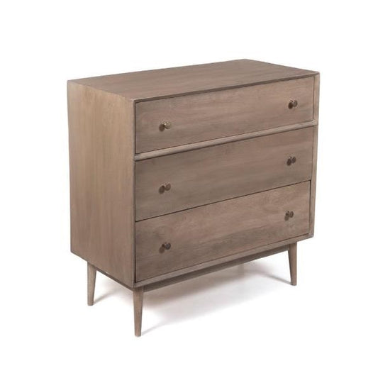 Wooden dresser with three drawers and round knobs, standing on angled legs.