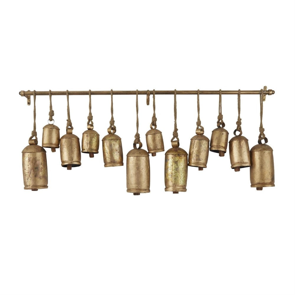 Hanging metal bells on a rod, varying sizes and rustic look.