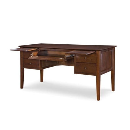 A brown wooden desk with multiple drawers and pull-out extensions.