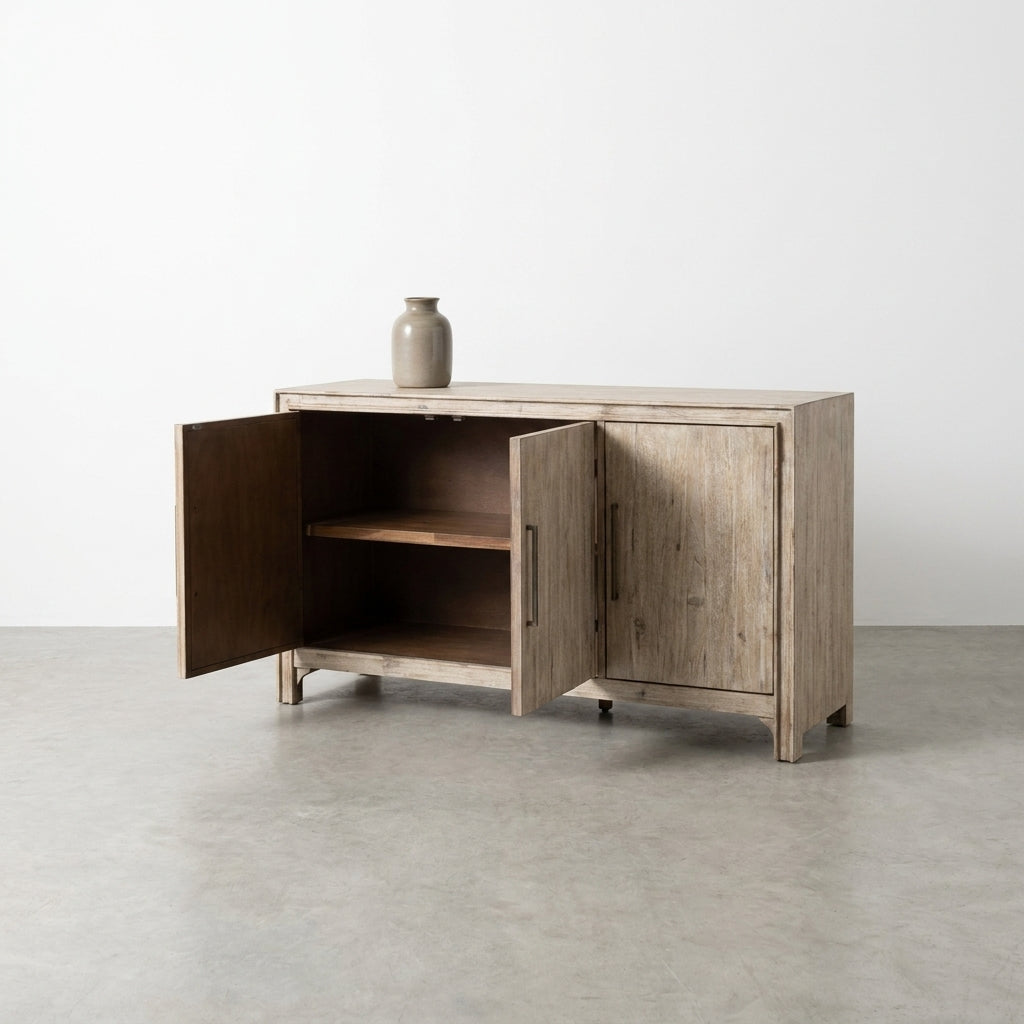 Wooden cabinet with two open doors and interior shelves.