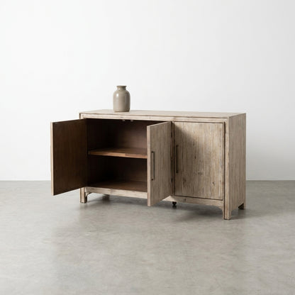 Wooden cabinet with two open doors and interior shelves.