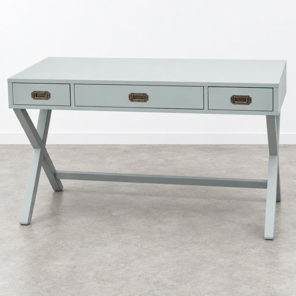A pale blue-gray desk with three drawers and distinctive crossed legs.