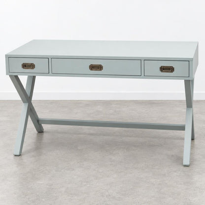 A pale blue-gray desk with three drawers and distinctive crossed legs.