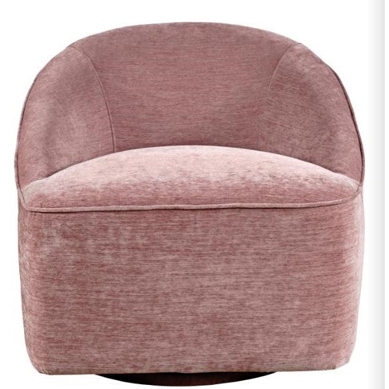 Plush pink swivel chair with a rounded backrest.