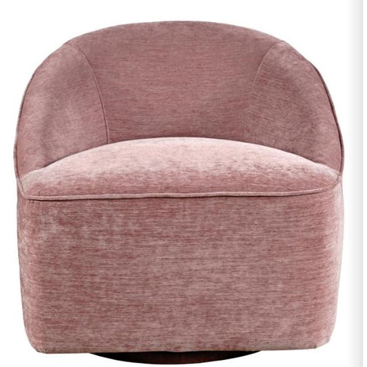 Plush pink swivel chair with a rounded backrest.