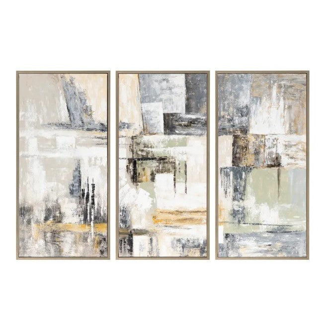 Abstract triptych in neutral tones with geometric textures.