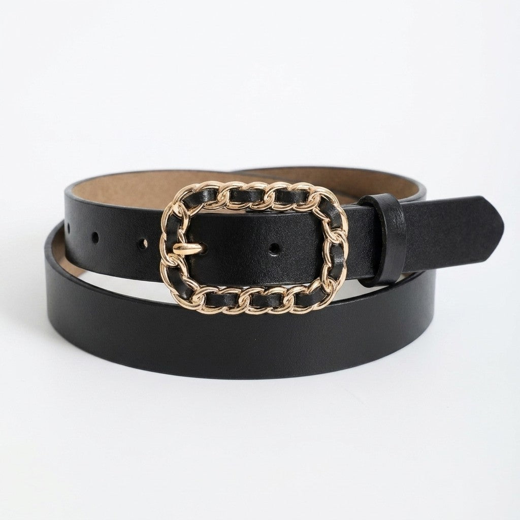 Black belt with a gold chain-link buckle on a white background.