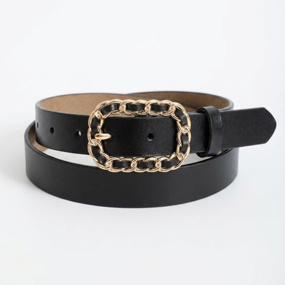 Black belt with a gold chain-link buckle on a white background.