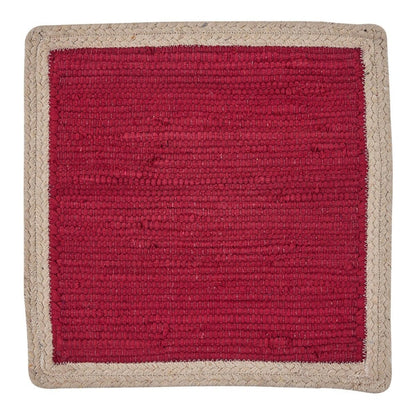 Square red woven mat with a beige border.