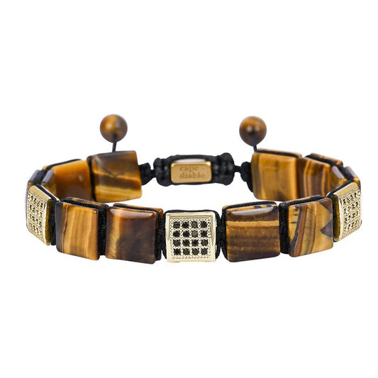 Rectangular stone bracelet with metal accents on a black cord.