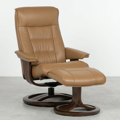 Tan recliner chair and footrest on a wooden base.