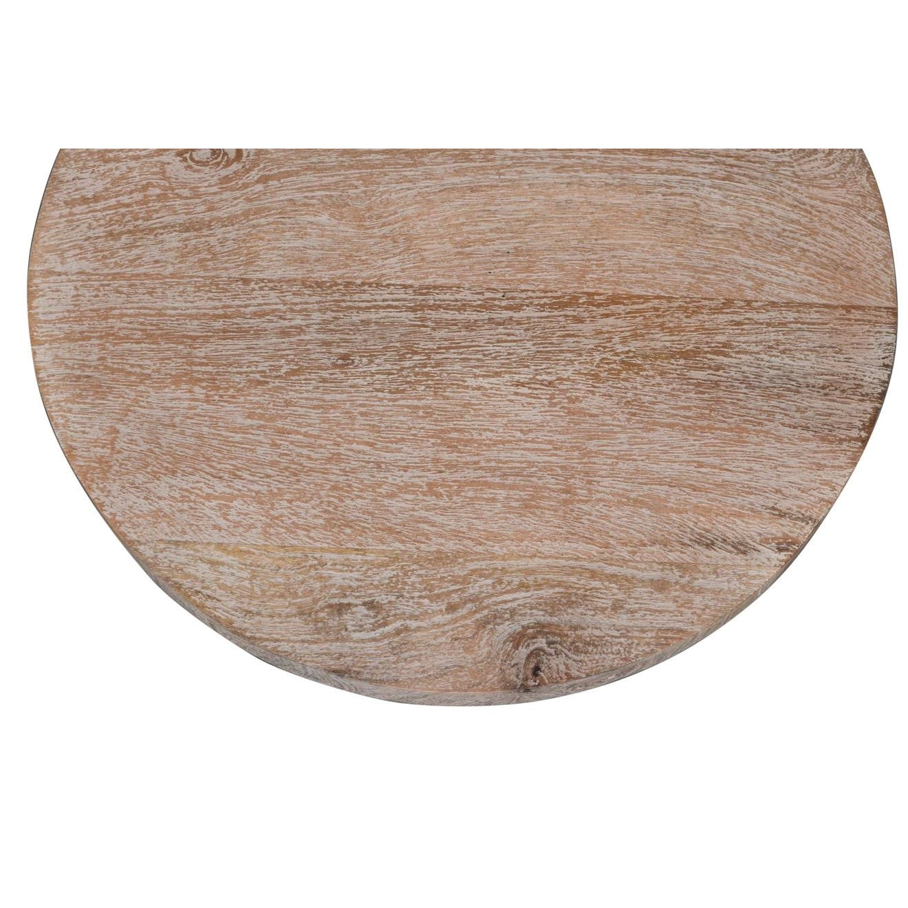 Round wooden tabletop with a rustic finish.
