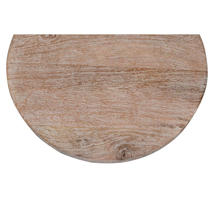 Round wooden tabletop with a rustic finish.
