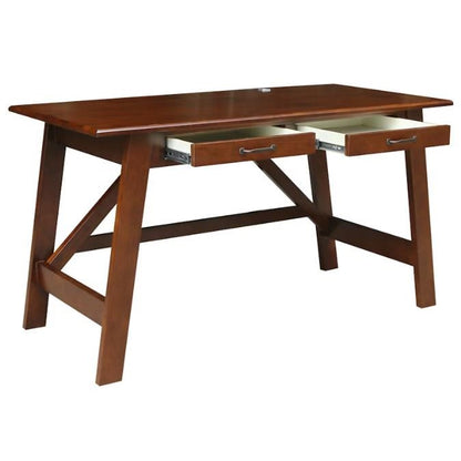 Wooden desk with two open drawers and angled legs.