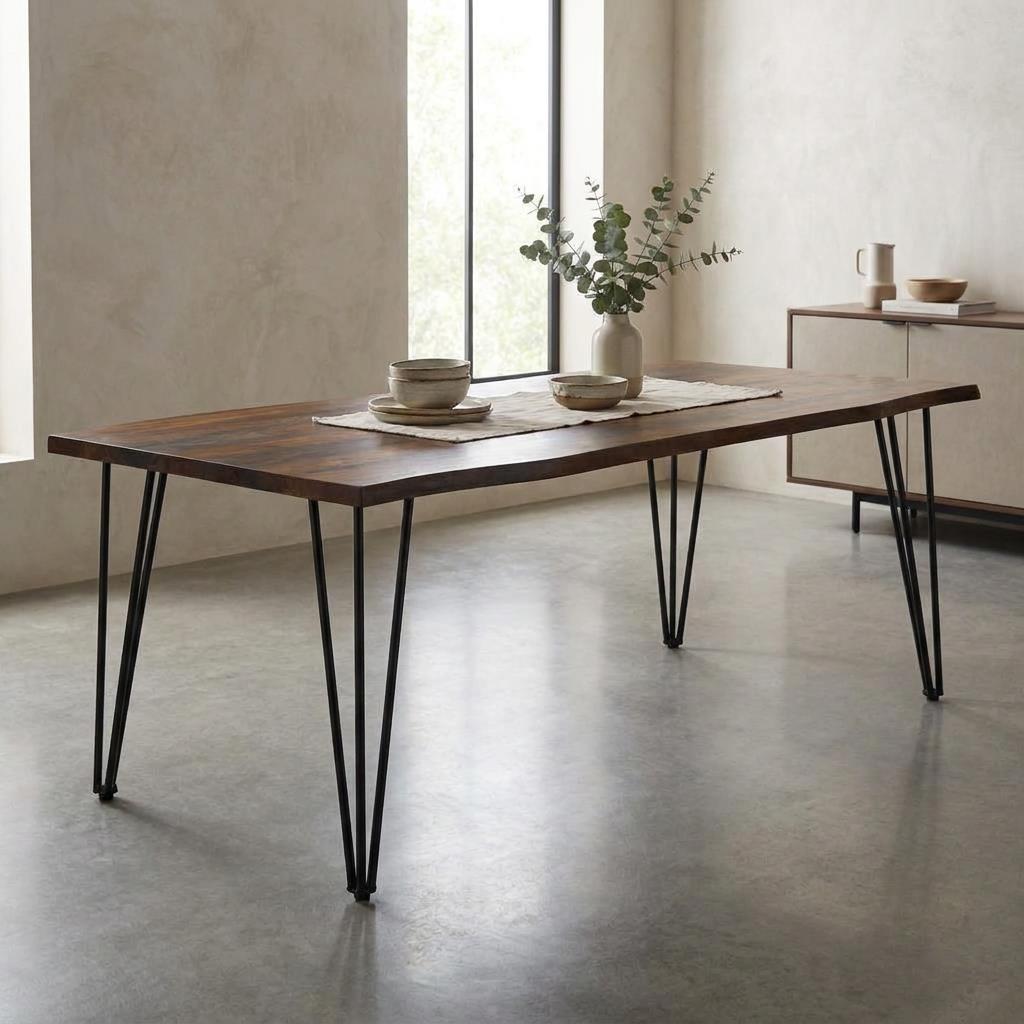 Wooden table with metal legs, vase, and bowls in a minimalist room.