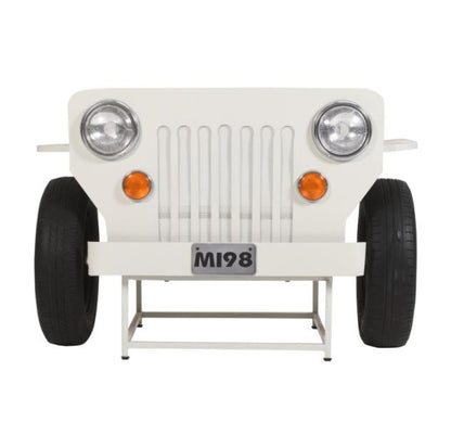 White jeep front design with headlights, grille, and tires.