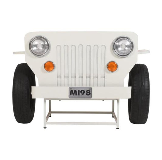 White jeep front design with headlights, grille, and tires.