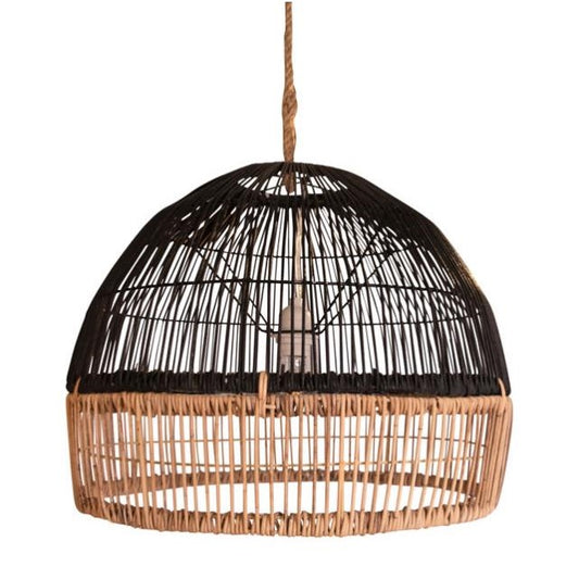 Woven rattan pendant light with a two-tone design.
