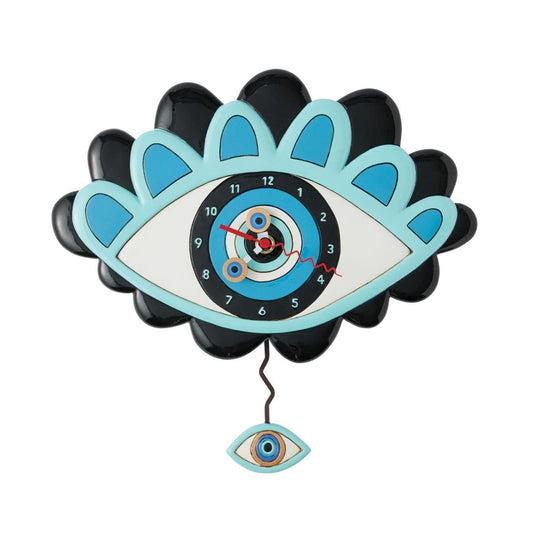 Eye-shaped wall clock with blue accents and a swinging eye pendulum.