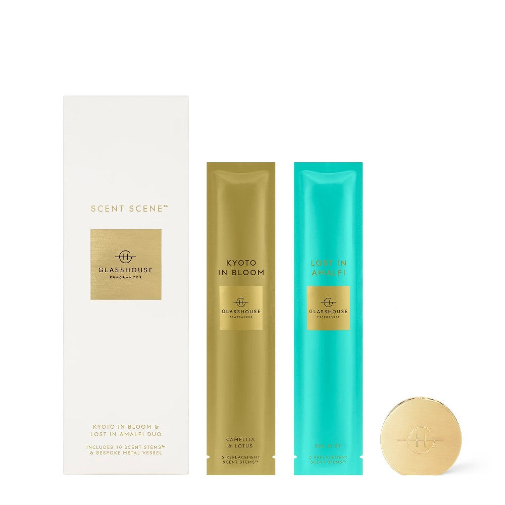 Glasshouse fragrance set with "Kyoto in Bloom" and "Lost in Amalfi" sticks.