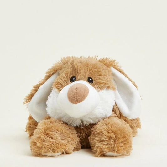 Fluffy plush dog with droopy ears on a plain background.