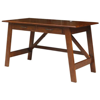 Wooden desk with two drawers and a sturdy, angled-leg design.