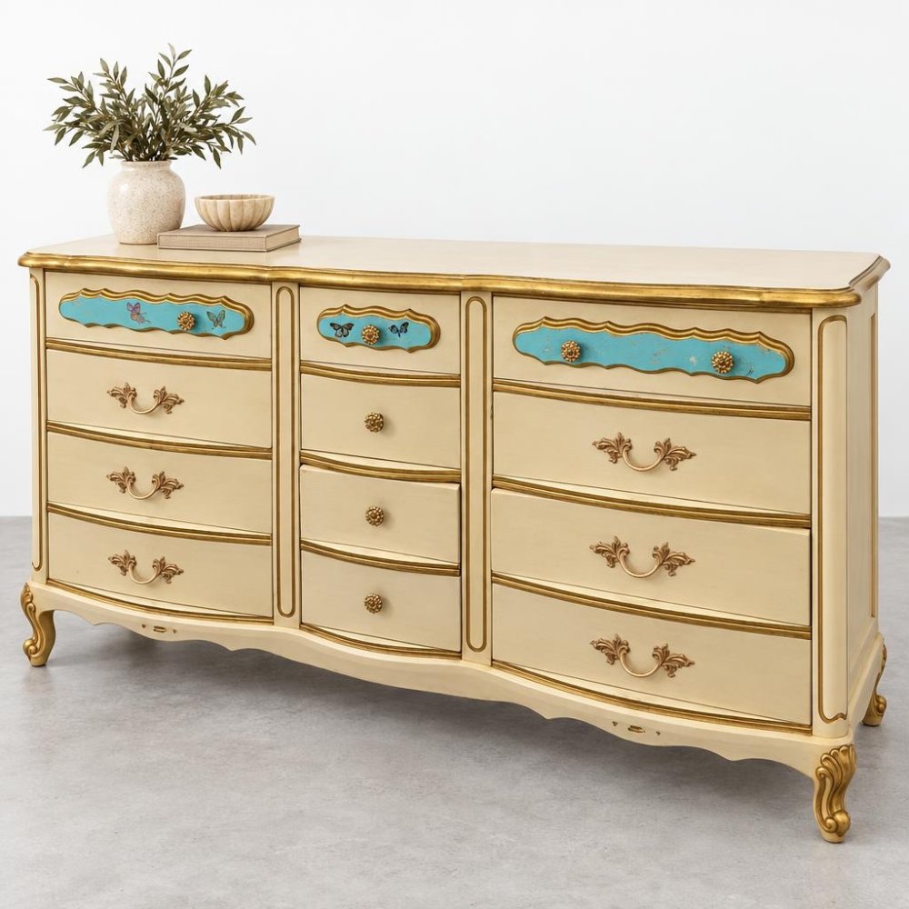 An ornate cream-and-gold dresser with turquoise accents, topped with a potted plant and bowl.