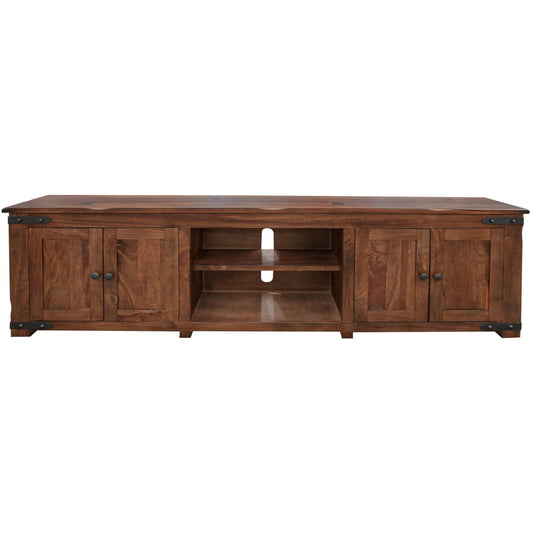 Wooden TV stand with cabinets and shelves, metal accents.