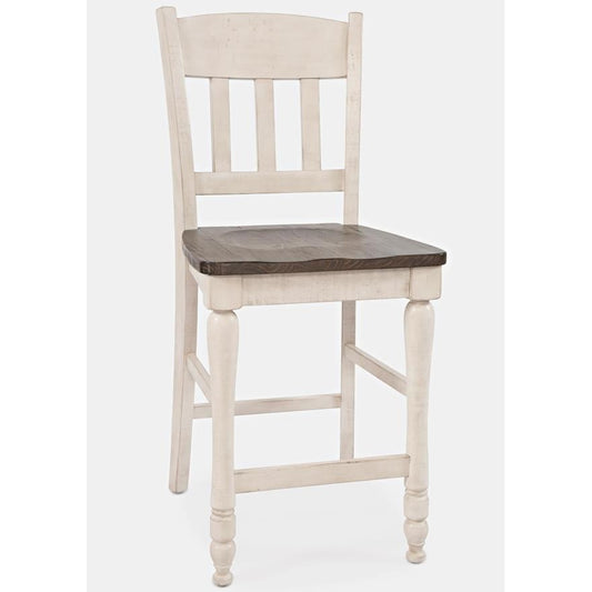 Wooden chair with white frame and dark seat.