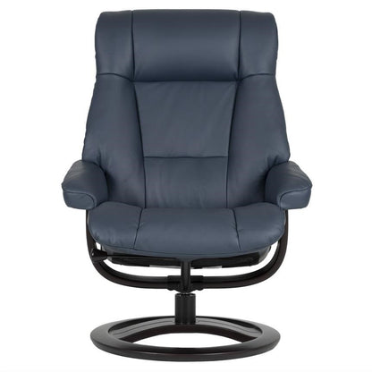 Dark blue reclining chair with a circular base.