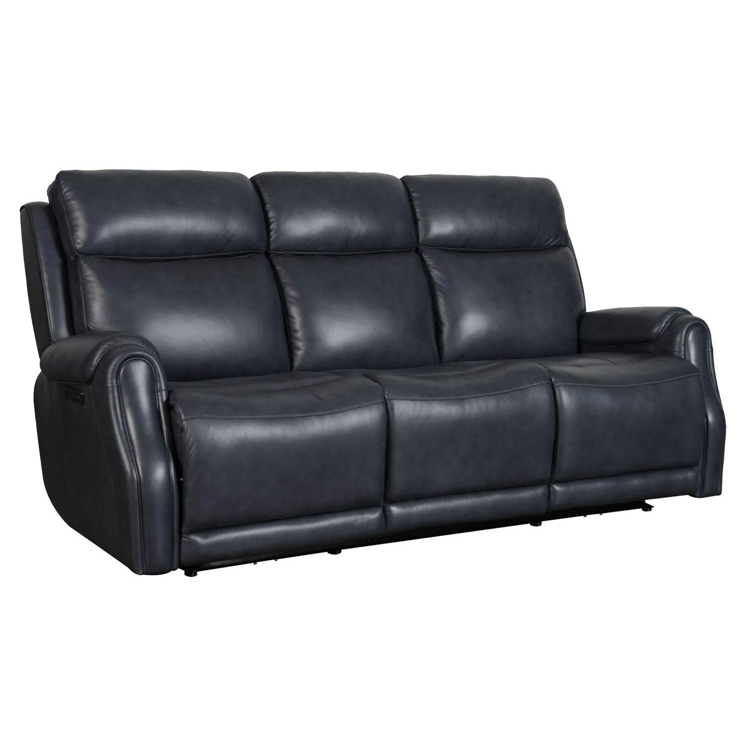 Dark leather reclining sofa with three cushions and padded armrests.