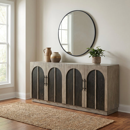 Wooden sideboard with four arched doors and dark handles.