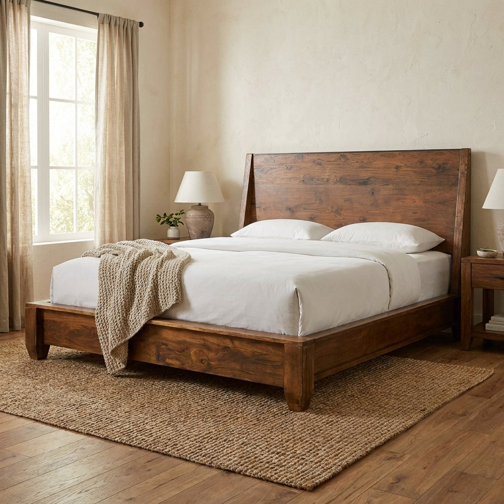 Cozy bedroom with a wooden bed, beige rug, and soft lighting.
