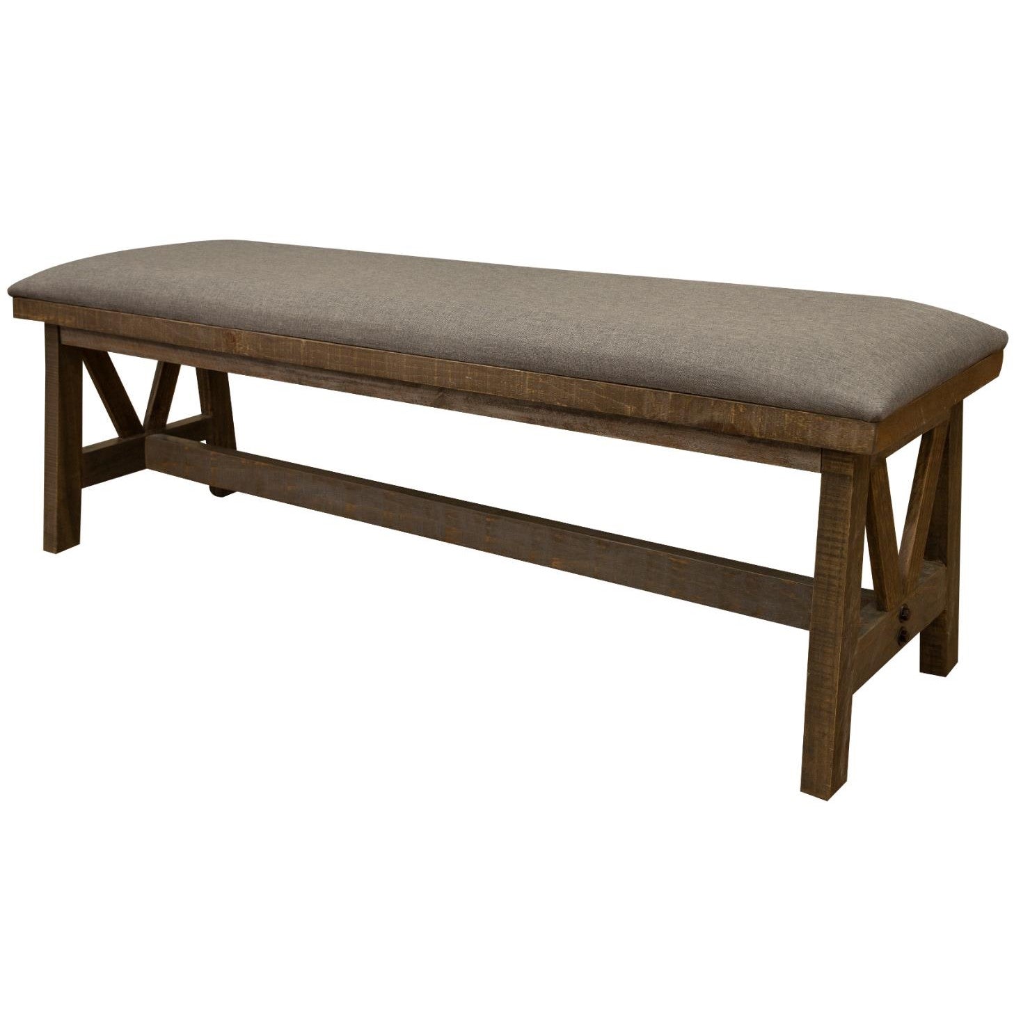 Wooden bench with a cushioned seat and X-frame legs.