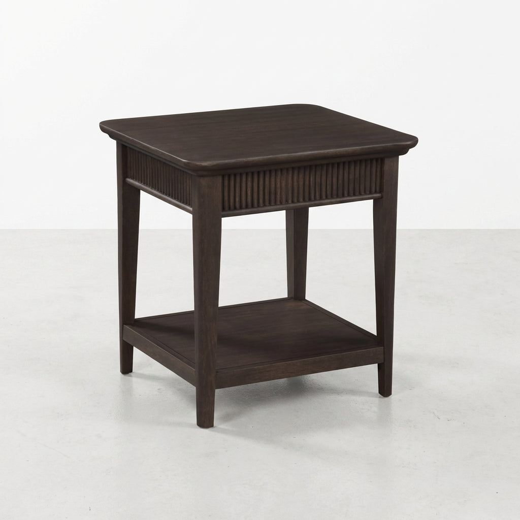 Dark wooden side table with a bottom shelf on a light background.