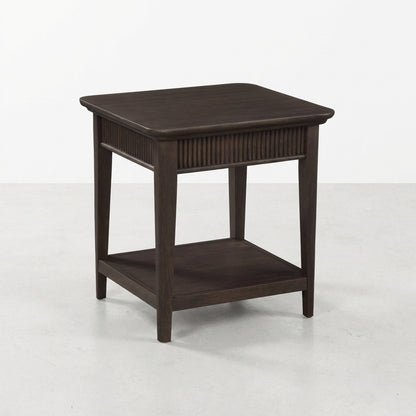 Dark wooden side table with a bottom shelf on a light background.