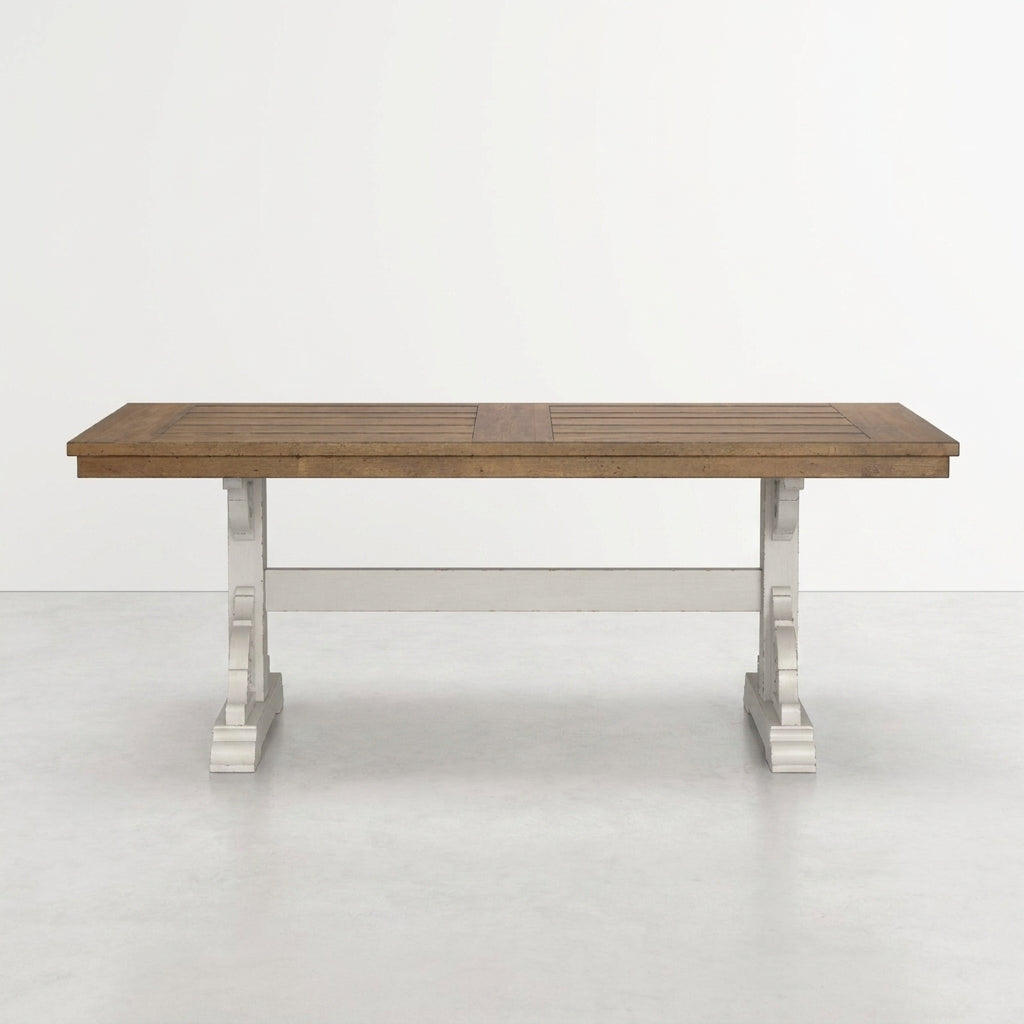 Wooden dining table with white trestle base.