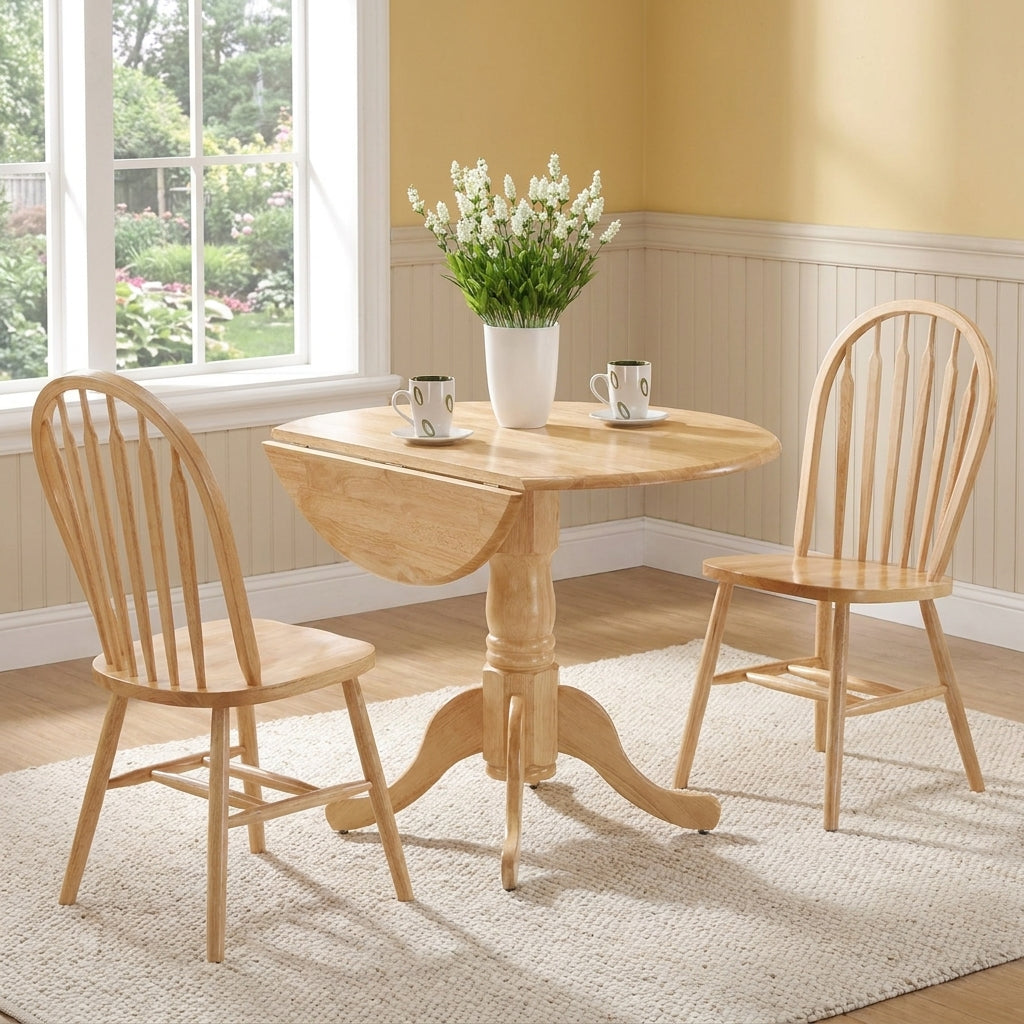 Wooden table with flowers, two chairs, and a window view.