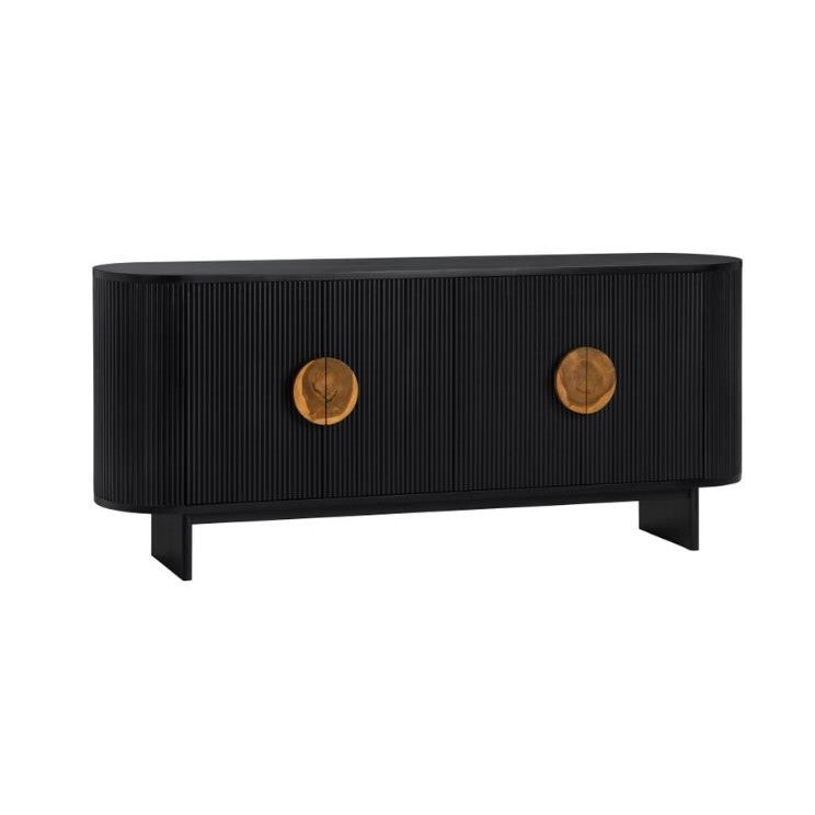 Black ribbed sideboard with round brass handles.