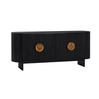 Black ribbed sideboard with round brass handles.