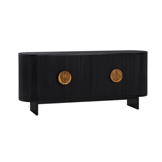 Black ribbed sideboard with round brass handles.