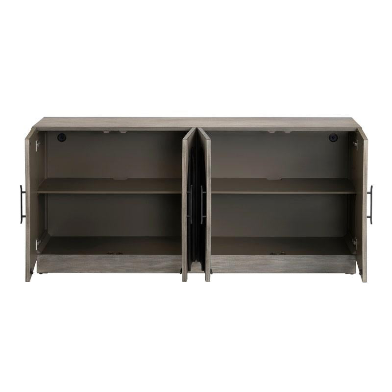 Open wooden cabinet with two shelves and four doors.