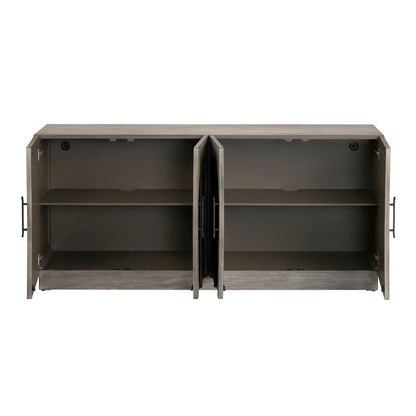 Open wooden cabinet with two shelves and four doors.