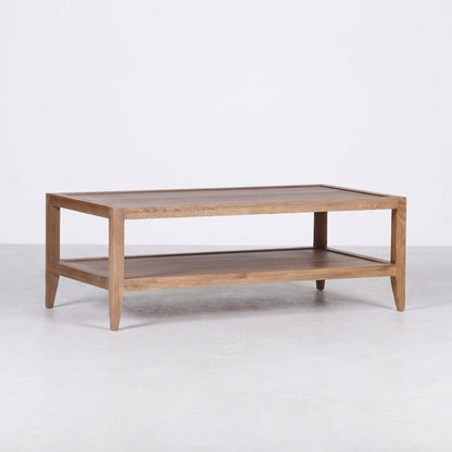 Wooden rectangular coffee table with a bottom shelf.