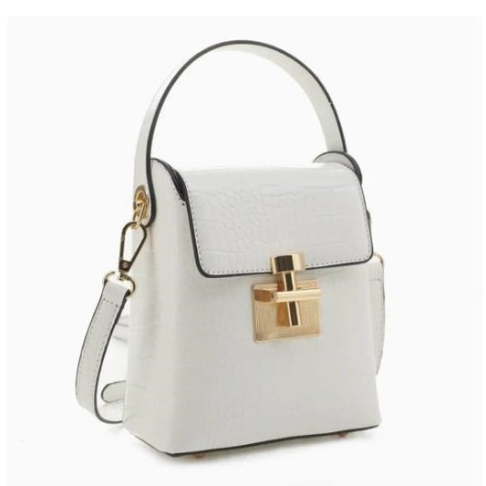 White handbag with gold clasp and a shoulder strap.