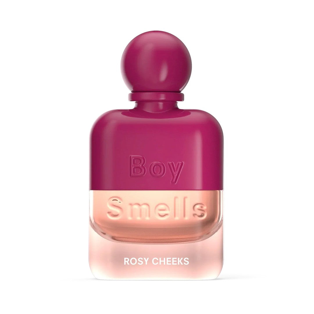 Pink perfume bottle labeled "Boy Smells Rosy Cheeks".