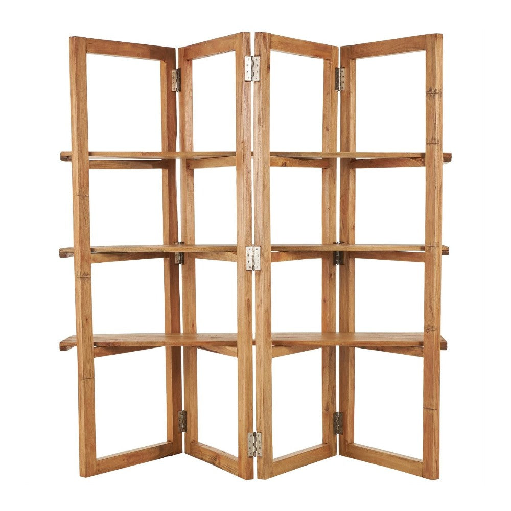 Wooden folding shelf with multiple tiers and hinges.